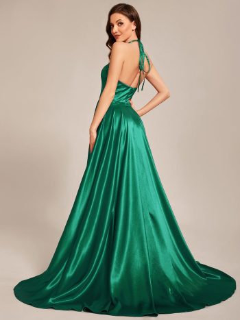 Custom Size Halter Neck High Front Slit Floor Length Prom Dress - Dark Green