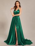 Custom Size Halter Neck High Front Slit Floor Length Prom Dress – Dark Green