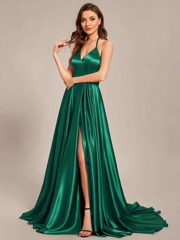 Custom Size Halter Neck High Front Slit Floor Length Prom Dress - Dark Green