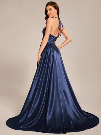 Custom Size Halter Neck High Front Slit Floor Length Prom Dress - Navy Blue