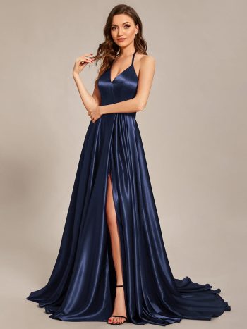 Custom Size Halter Neck High Front Slit Floor Length Prom Dress - Navy Blue