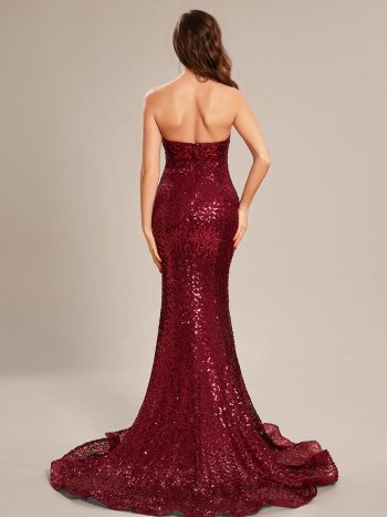 Custom Size Strapless Sweetheart Long Bodycon Sequin Prom Dress - Burgundy