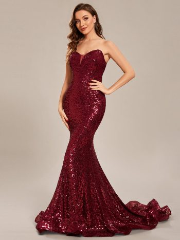 Custom Size Strapless Sweetheart Long Bodycon Sequin Prom Dress - Burgundy