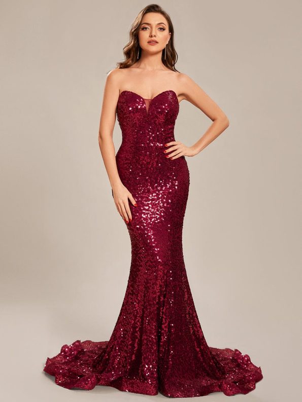 Custom Size Strapless Sweetheart Long Bodycon Sequin Prom Dress - Burgundy