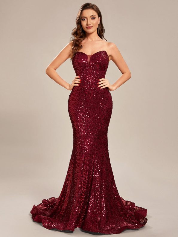 Custom Size Strapless Sweetheart Long Bodycon Sequin Prom Dress - Burgundy