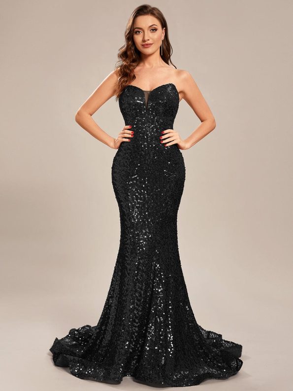 Custom Size Strapless Sweetheart Long Bodycon Sequin Prom Dress - Black