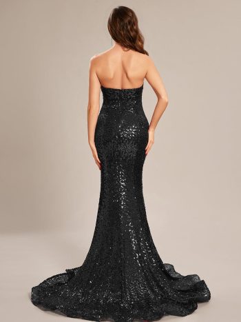 Custom Size Strapless Sweetheart Long Bodycon Sequin Prom Dress - Black