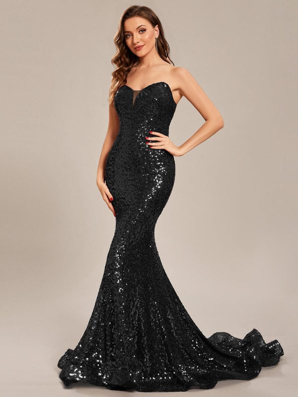 Custom Size Strapless Sweetheart Long Bodycon Sequin Prom Dress - Black