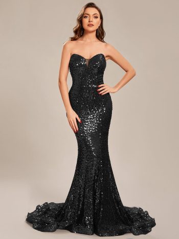 Custom Size Strapless Sweetheart Long Bodycon Sequin Prom Dress - Black