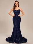 Custom Size Strapless Sweetheart Long Bodycon Sequin Prom Dress - Navy Blue