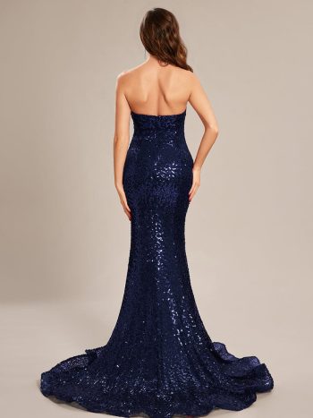 Custom Size Strapless Sweetheart Long Bodycon Sequin Prom Dress - Navy Blue