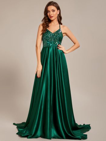 Custom Size V-neck Glitter Sequin Halter Long Prom Dress - Dark Green