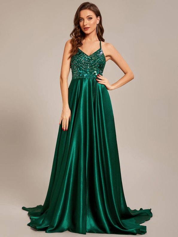 Custom Size V-neck Glitter Sequin Halter Long Prom Dress - Dark Green