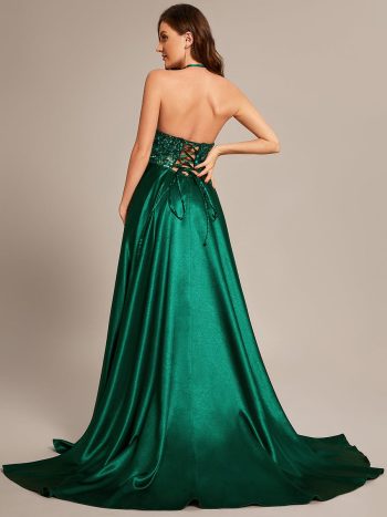 Custom Size V-neck Glitter Sequin Halter Long Prom Dress - Dark Green