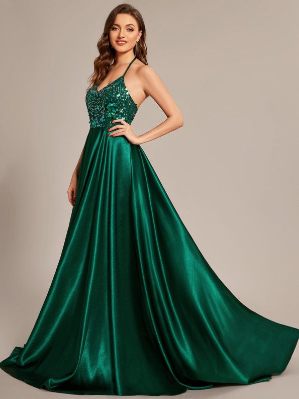 Custom Size V-neck Glitter Sequin Halter Long Prom Dress - Dark Green