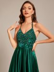 Custom Size V-neck Glitter Sequin Halter Long Prom Dress – Dark Green