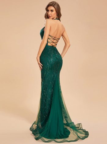 Custom Size Shinning Halter V-Neck Bodycon Back Lace-Up Mermaid Prom Dress - Dark Green
