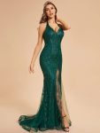 Custom Size Shinning Halter V-Neck Bodycon Back Lace-Up Mermaid Prom Dress – Dark Green