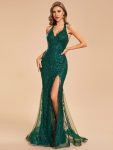 Custom Size Shinning Halter V-Neck Bodycon Back Lace-Up Mermaid Prom Dress – Dark Green