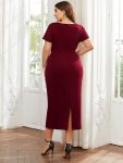 Short Sleeves V-Neck Tie-Waist Sheath Wedding Guest Dress – Burgundy