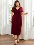 Short Sleeves V-Neck Tie-Waist Sheath Wedding Guest Dress – Burgundy