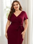 Short Sleeves V-Neck Tie-Waist Sheath Wedding Guest Dress – Burgundy