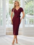 Short Sleeves V-Neck Tie-Waist Sheath Wedding Guest Dress – Burgundy