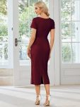 Short Sleeves V-Neck Tie-Waist Sheath Wedding Guest Dress – Burgundy