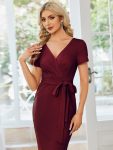 Short Sleeves V-Neck Tie-Waist Sheath Wedding Guest Dress – Burgundy