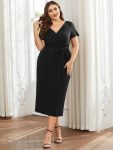 Short Sleeves V-Neck Tie-Waist Sheath Wedding Guest Dress – Black