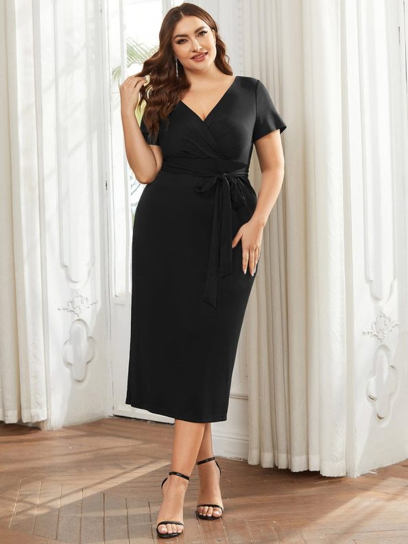 Short Sleeves V-Neck Tie-Waist Sheath Wedding Guest Dress - Black