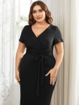 Short Sleeves V-Neck Tie-Waist Sheath Wedding Guest Dress – Black