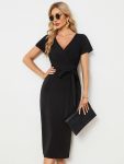 Short Sleeves V-Neck Tie-Waist Sheath Wedding Guest Dress – Black