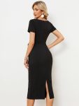 Short Sleeves V-Neck Tie-Waist Sheath Wedding Guest Dress – Black