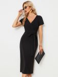 Short Sleeves V-Neck Tie-Waist Sheath Wedding Guest Dress – Black