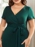 Short Sleeves V-Neck Tie-Waist Sheath Wedding Guest Dress – Dark Green