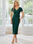 Short Sleeves V-Neck Tie-Waist Sheath Wedding Guest Dress – Dark Green