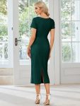 Short Sleeves V-Neck Tie-Waist Sheath Wedding Guest Dress – Dark Green