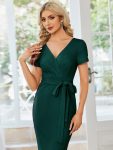 Short Sleeves V-Neck Tie-Waist Sheath Wedding Guest Dress – Dark Green