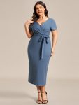 Short Sleeves V-Neck Tie-Waist Sheath Wedding Guest Dress – Dusty Navy