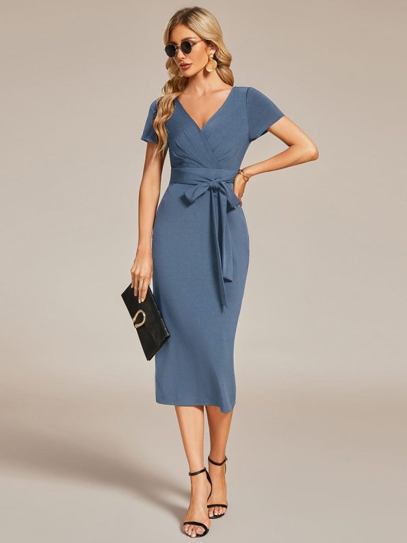 Short Sleeves V-Neck Tie-Waist Sheath Wedding Guest Dress - Dusty Navy