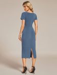 Short Sleeves V-Neck Tie-Waist Sheath Wedding Guest Dress – Dusty Navy