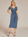 Short Sleeves V-Neck Tie-Waist Sheath Wedding Guest Dress – Dusty Navy