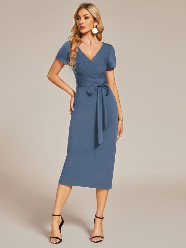 Short Sleeves V-Neck Tie-Waist Sheath Wedding Guest Dress - Dusty Navy