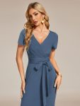 Short Sleeves V-Neck Tie-Waist Sheath Wedding Guest Dress – Dusty Navy