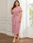 Short Sleeves V-Neck Tie-Waist Sheath Wedding Guest Dress – Dusty Rose