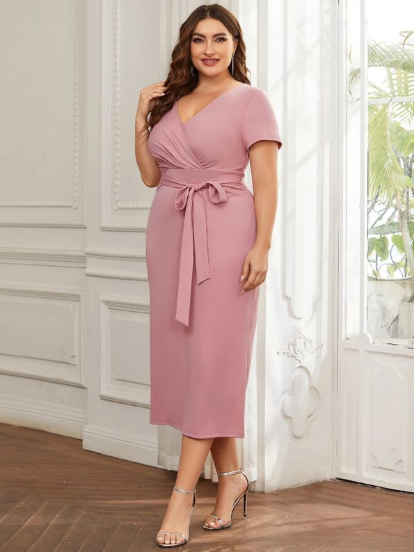 Short Sleeves V-Neck Tie-Waist Sheath Wedding Guest Dress - Dusty Rose