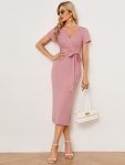 Short Sleeves V-Neck Tie-Waist Sheath Wedding Guest Dress – Dusty Rose