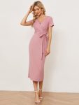 Short Sleeves V-Neck Tie-Waist Sheath Wedding Guest Dress – Dusty Rose