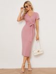 Short Sleeves V-Neck Tie-Waist Sheath Wedding Guest Dress - Dusty Rose